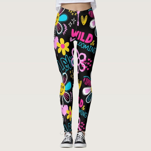 Fashion Smiley Flower Graffiti Pattern Leggings (Front)