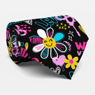 Fashion Smiley Flower Graffiti Pattern Tie