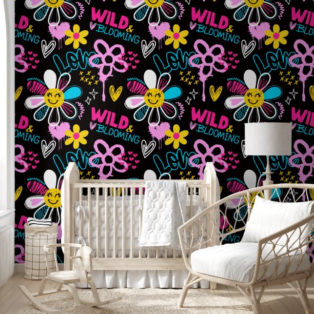 Fashion Smiley Flower Graffiti Pattern Wallpaper (Kids)