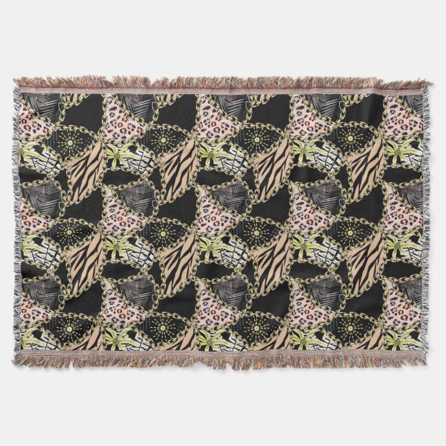 Fashionable, abstract, chains, tiger skin. throw blanket (Front)