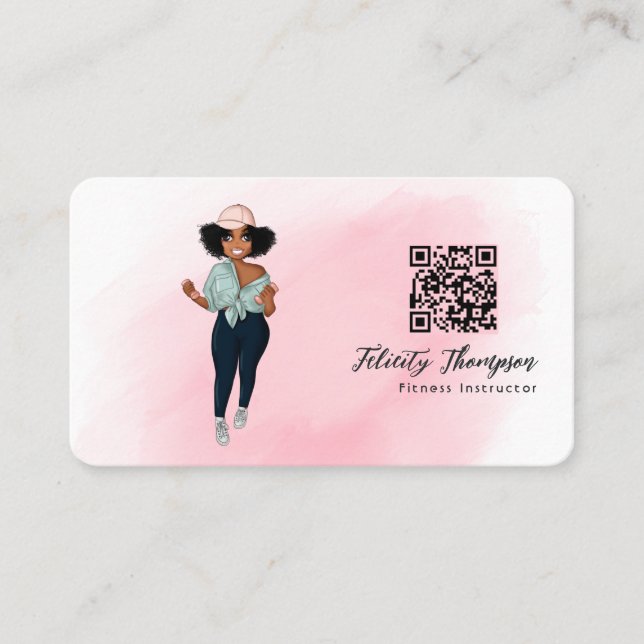 Fashionable Afro Fitness Instructor Girl QR Code Business Card (Front)