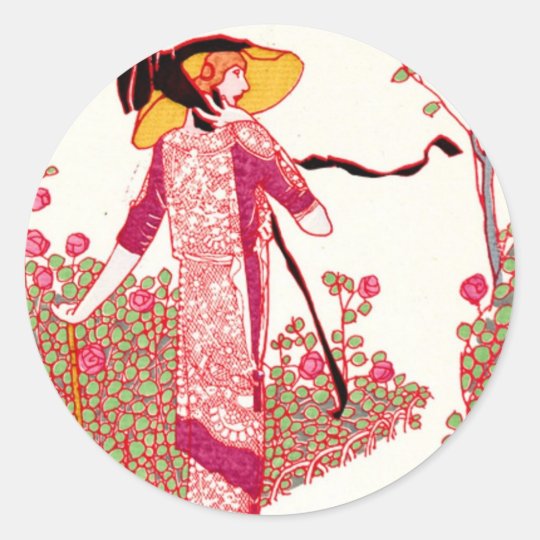 Fashionable Art Deco Lady in a Rose Garden Classic Round Sticker