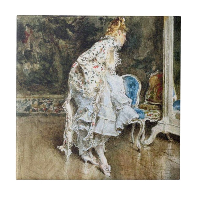 Fashionable Beauty Admiring Herself in the Mirror Tile (Front)