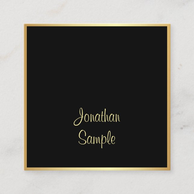 Fashionable Black Gold Hand Script Text Font Chic Square Business Card (Front)
