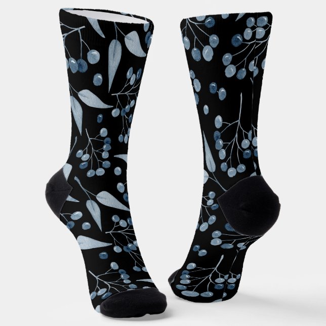 Fashionable Black with Blue Botanicals Berries Socks (Angled)