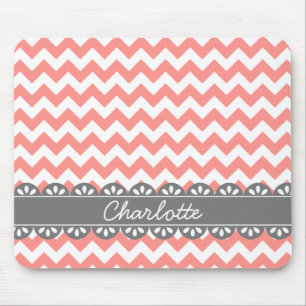 Fashionable Coral Chevron and Grey Lace Mouse Pad