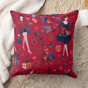Fashionable Festive Women Red Floral Pattern Throw Pillow