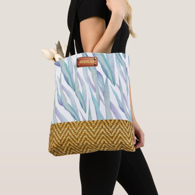 Fashionable Floral Watercolor Rattan Look Tote Bag (Close Up)