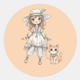 Fashionable girl strolling with her cat classic round sticker