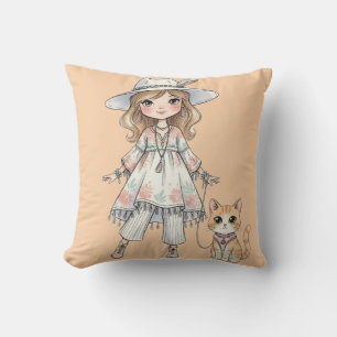 Fashionable girl strolling with her cat throw pillow