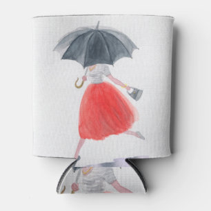 Fashionable Girl: Umbrella Rain Illustration Can Cooler