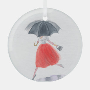 Fashionable Girl: Umbrella Rain Illustration Glass Ornament