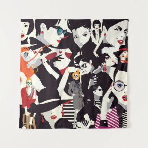 Fashionable girls collage: pop art tapestry