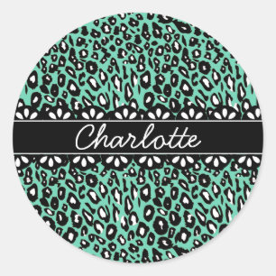 Fashionable Mint Leopard Print and Lace Classic Round Sticker