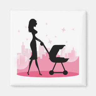 Fashionable Mommy Pushing Baby Carriage Magnet