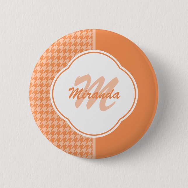 Fashionable Orange Houndstooth Monogram and Name 2 Inch Round Button (Front)