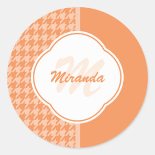 Fashionable Orange Houndstooth Monogram and Name Classic Round Sticker