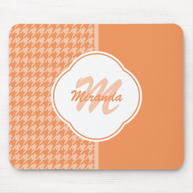 Fashionable Orange Houndstooth Monogram and Name Mouse Pad (Front)