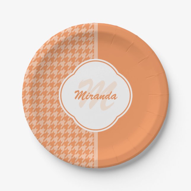 Fashionable Orange Houndstooth Monogram and Name Paper Plate (Front)
