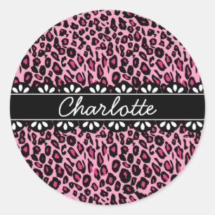 Fashionable Pink Leopard Print and Lace Classic Round Sticker