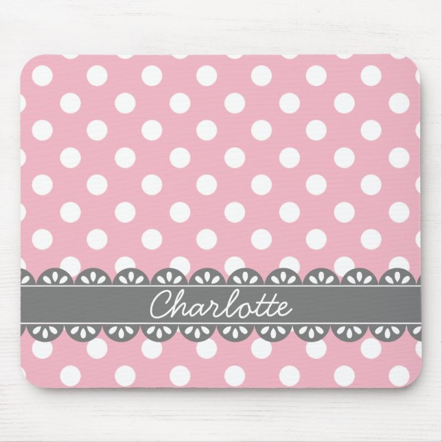 Fashionable Pink Polka Dots and Grey Lace Mouse Pad (Front)