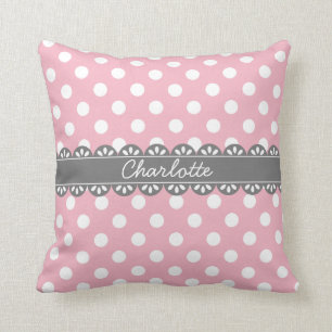 Fashionable Pink Polka Dots and Lace Throw Pillow
