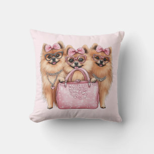 Fashionable Pomeranian Dogs Pink Purse Throw Pillow