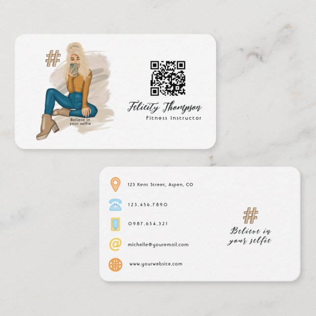 Fashionable Selfie Girl QR Code Business Card (Front/Back)