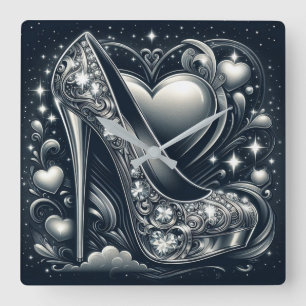 Fashionable Stiletto with Hearts and Stars Square Wall Clock