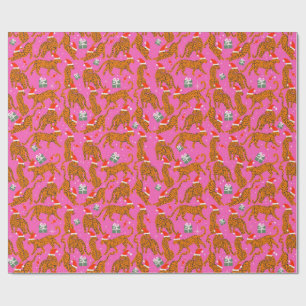 Fashionable tigers with red lips and hats wrapping paper