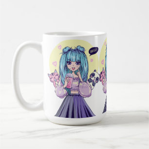 Fashionista: Blue-Haired Girl with Panda and Cat Coffee Mug