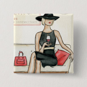 Fashionista Drinking Wine 2 Inch Square Button