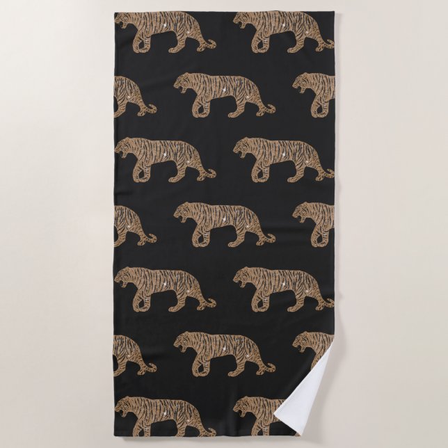 Fashionista Gold Black Glitter Tiger Pattern Beach Towel (Front)