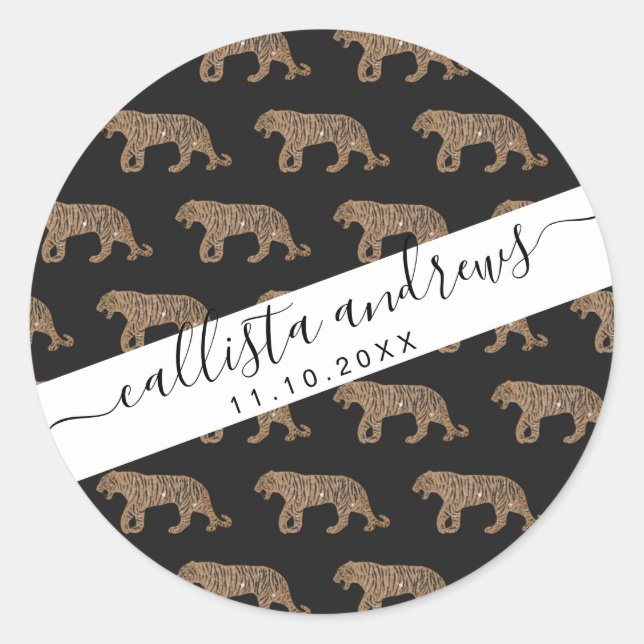 Fashionista Gold Black Glitter Tiger Pattern Classic Round Sticker (Front)