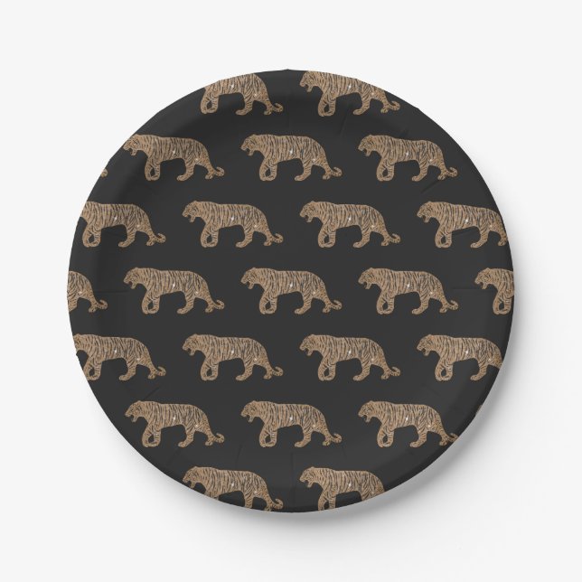 Fashionista Gold Black Glitter Tiger Pattern Paper Plate (Front)