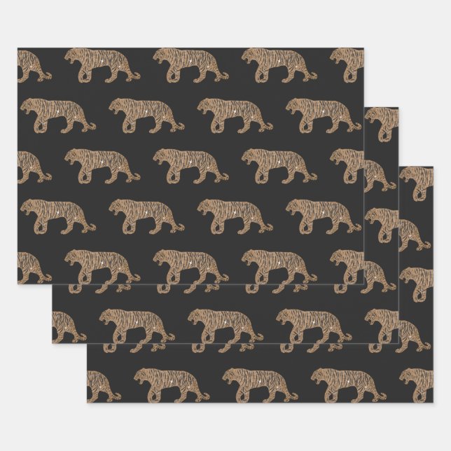 Fashionista Gold Black Glitter Tiger Pattern Wrapping Paper Sheet (Set)