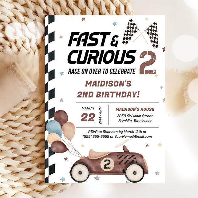 Fast And Curious 2nd Brown Race Car Birthday Party Invitation (Creator Uploaded)