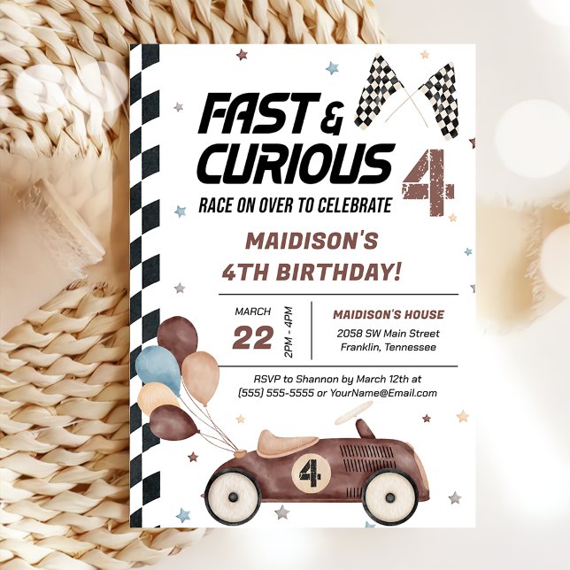 Fast And Curious Brown Race Car 4th Birthday Party Invitation (Creator Uploaded)