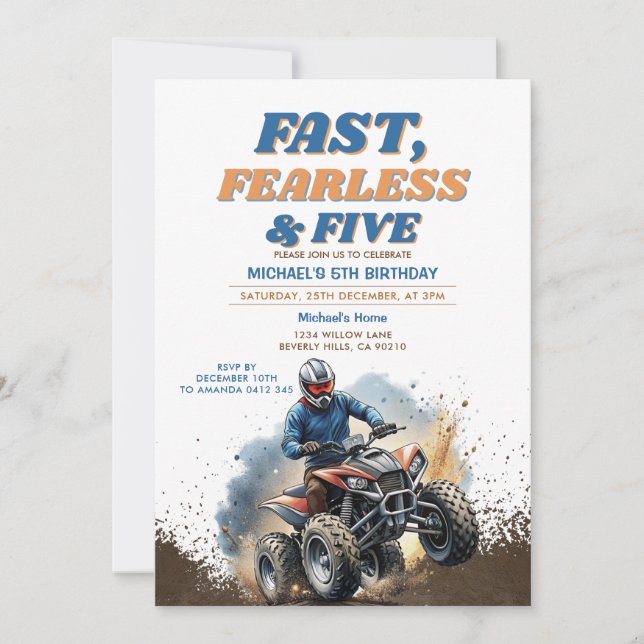 Fast Fearless & FIVE Racing 5th ATV Birthday Party Invitation (Front)
