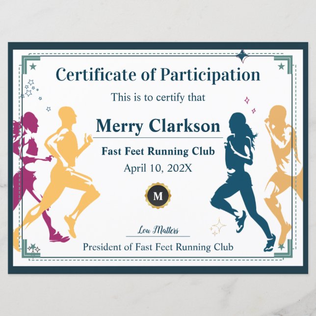 Fast Feet Running Club Achievement Certificate (Front)