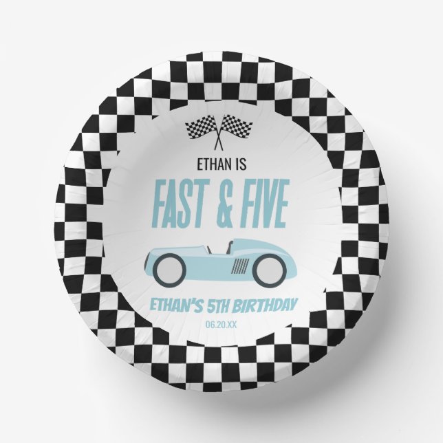 Fast & Five Blue Race Car 5th Birthday Party Paper Plate (Front)