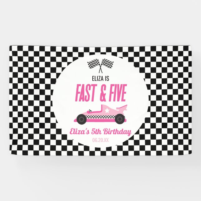 Fast & Five Pink Race Car 5th Birthday Party Banner (Horizontal)