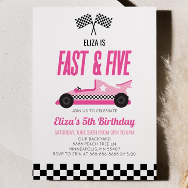 Fast & Five Pink Race Car 5th Birthday Party Invitation (Creator Uploaded)