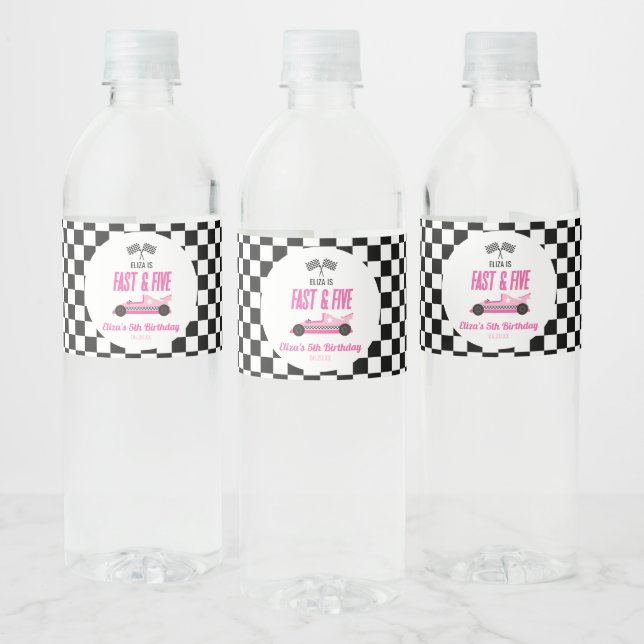 Fast & Five Pink Race Car 5th Birthday Party Water Bottle Label (Bottles)