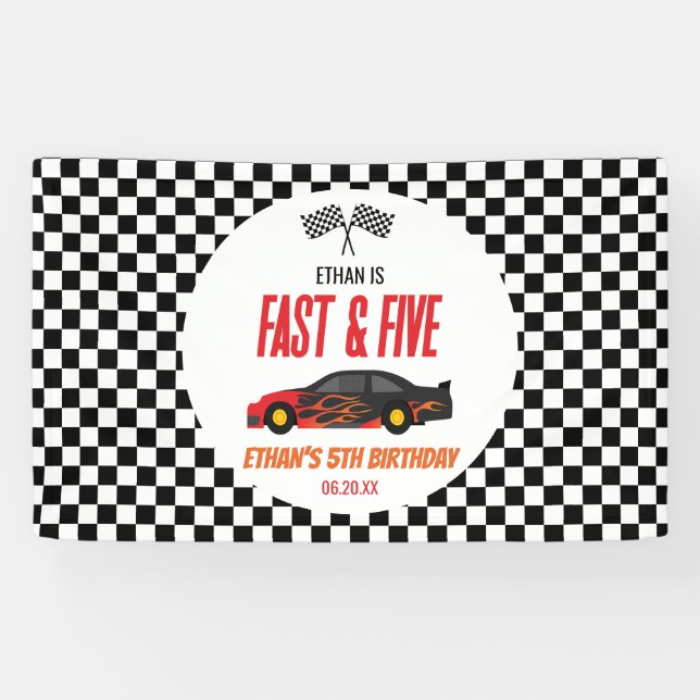 Fast & Five Red Flame Race Car 5th Birthday Party Banner (Horizontal)
