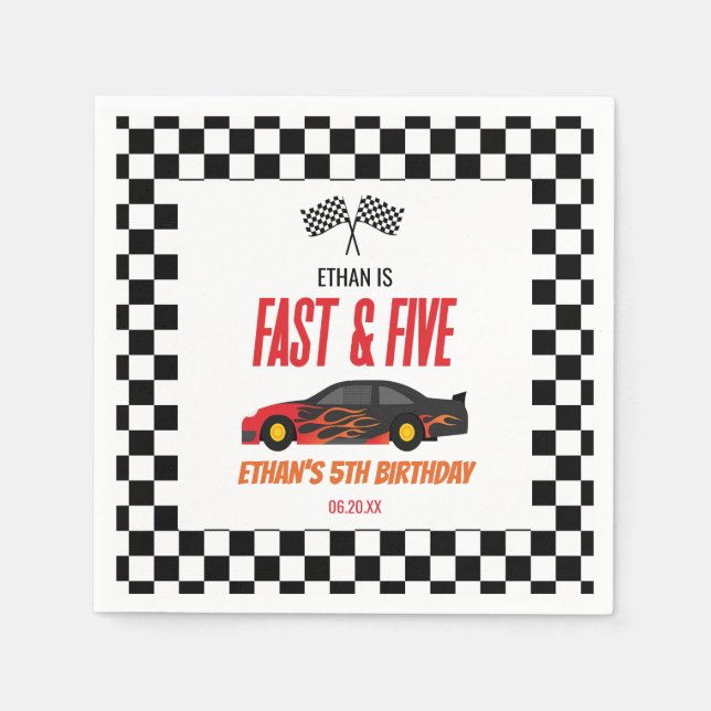 Fast & Five Red Flame Race Car 5th Birthday Party Napkin (Front)