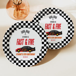 Fast & Five Red Flame Race Car 5th Birthday Party Paper Plate