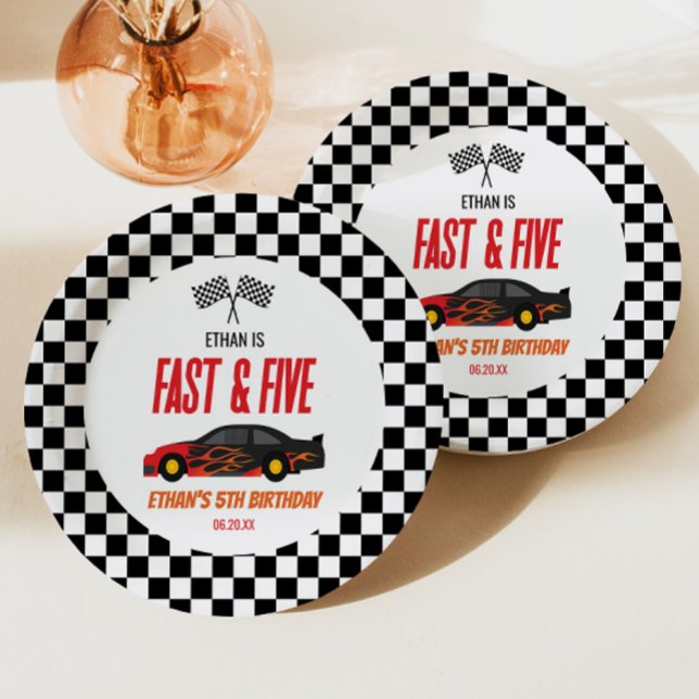 Fast & Five Red Flame Race Car 5th Birthday Party Paper Plate (Creator Uploaded)