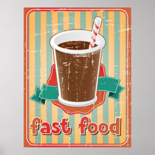 Fast food background with drink in retro style poster