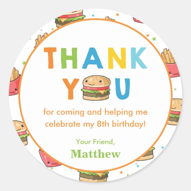 Fast Food Burger Birthday Party Thank You Favour Classic Round Sticker (Front)